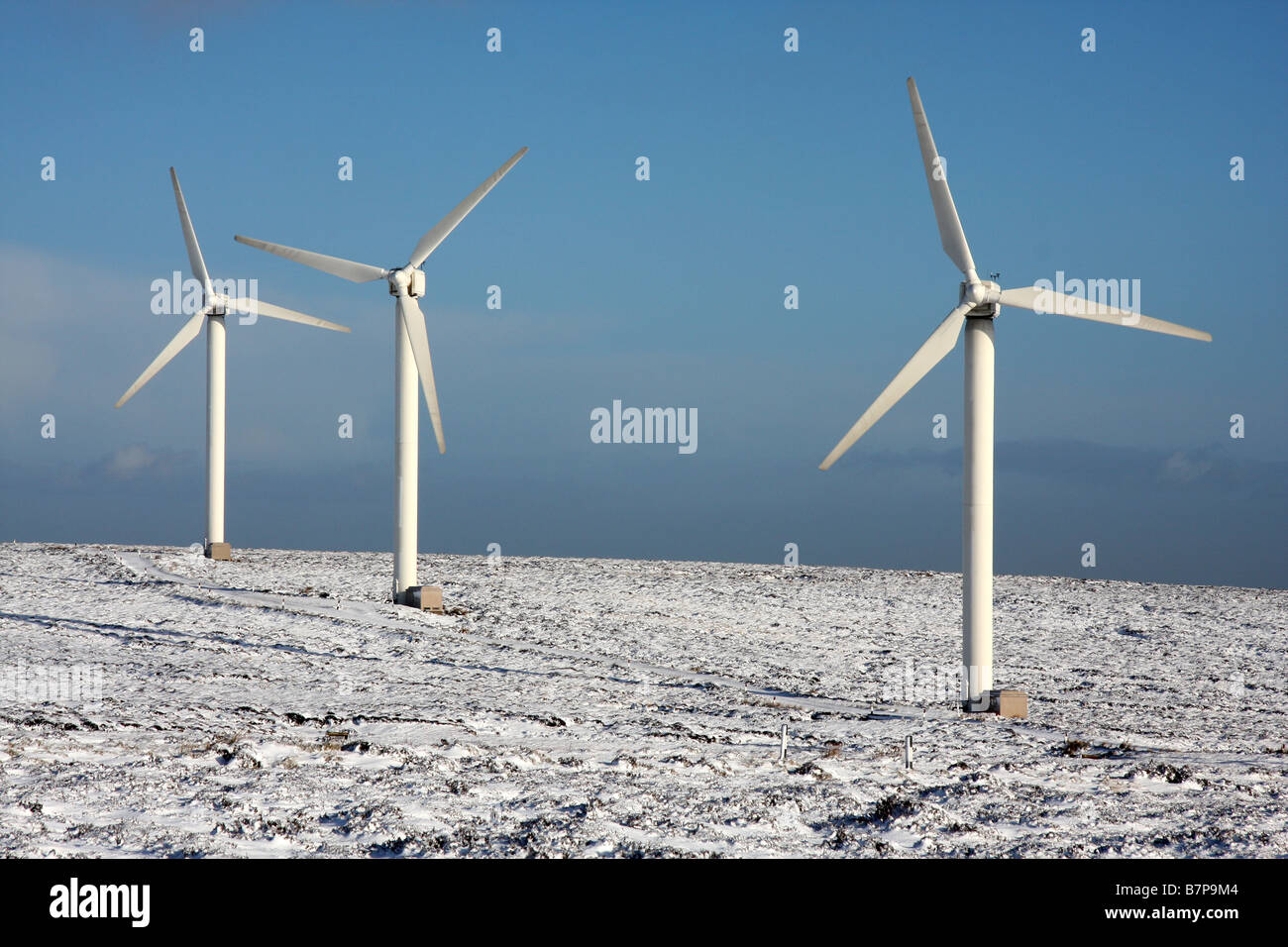 Wind turbines in winter, Ovenden Moor Wind Farm Stock Photo