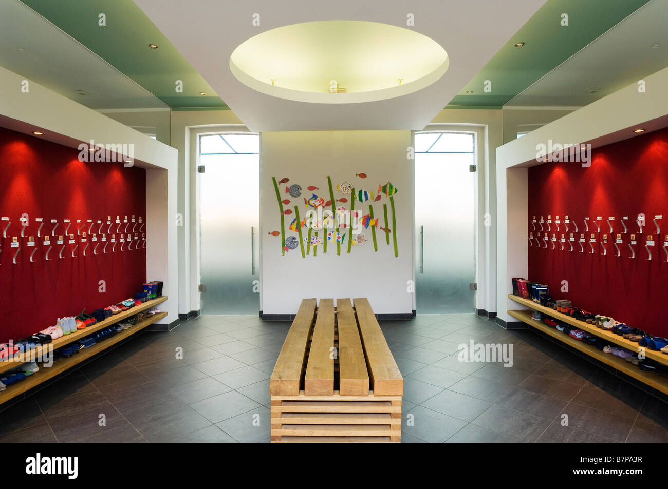 Cloakroom in a school with interior designed by 3S Architects Extension Stock Photo