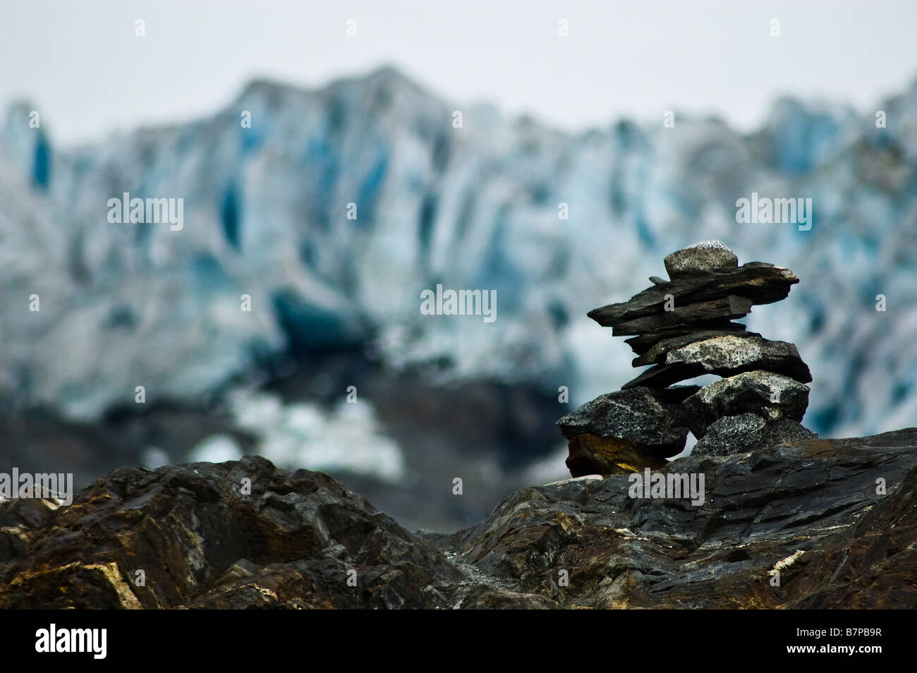 Cairn on the Mendenhall glacier, near Juneau, Alaska Stock Photo