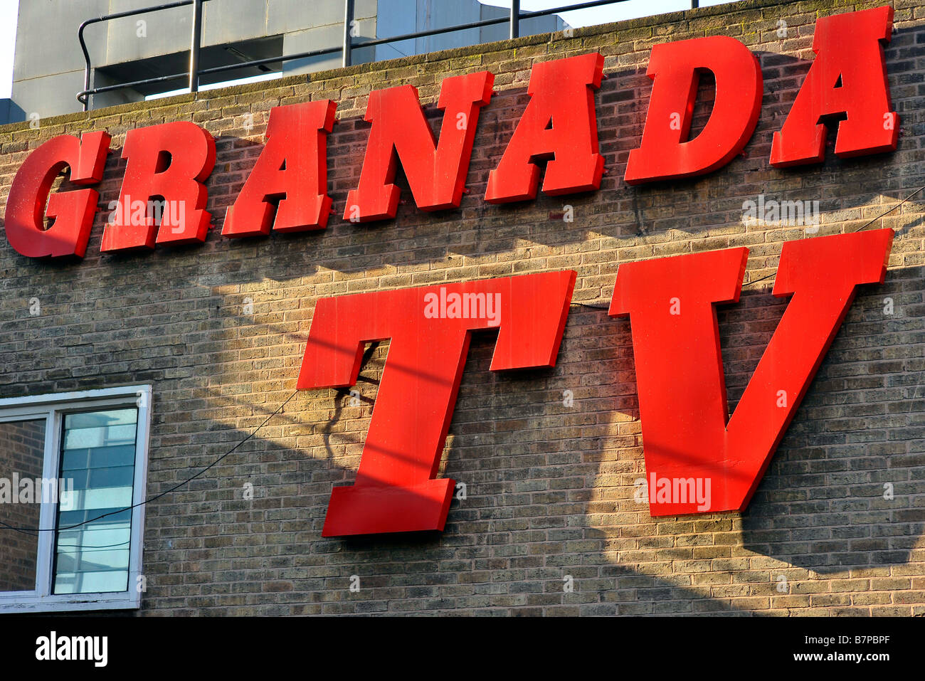 red granada tv sign television studios station manchester uk england media company ITV Stock Photo