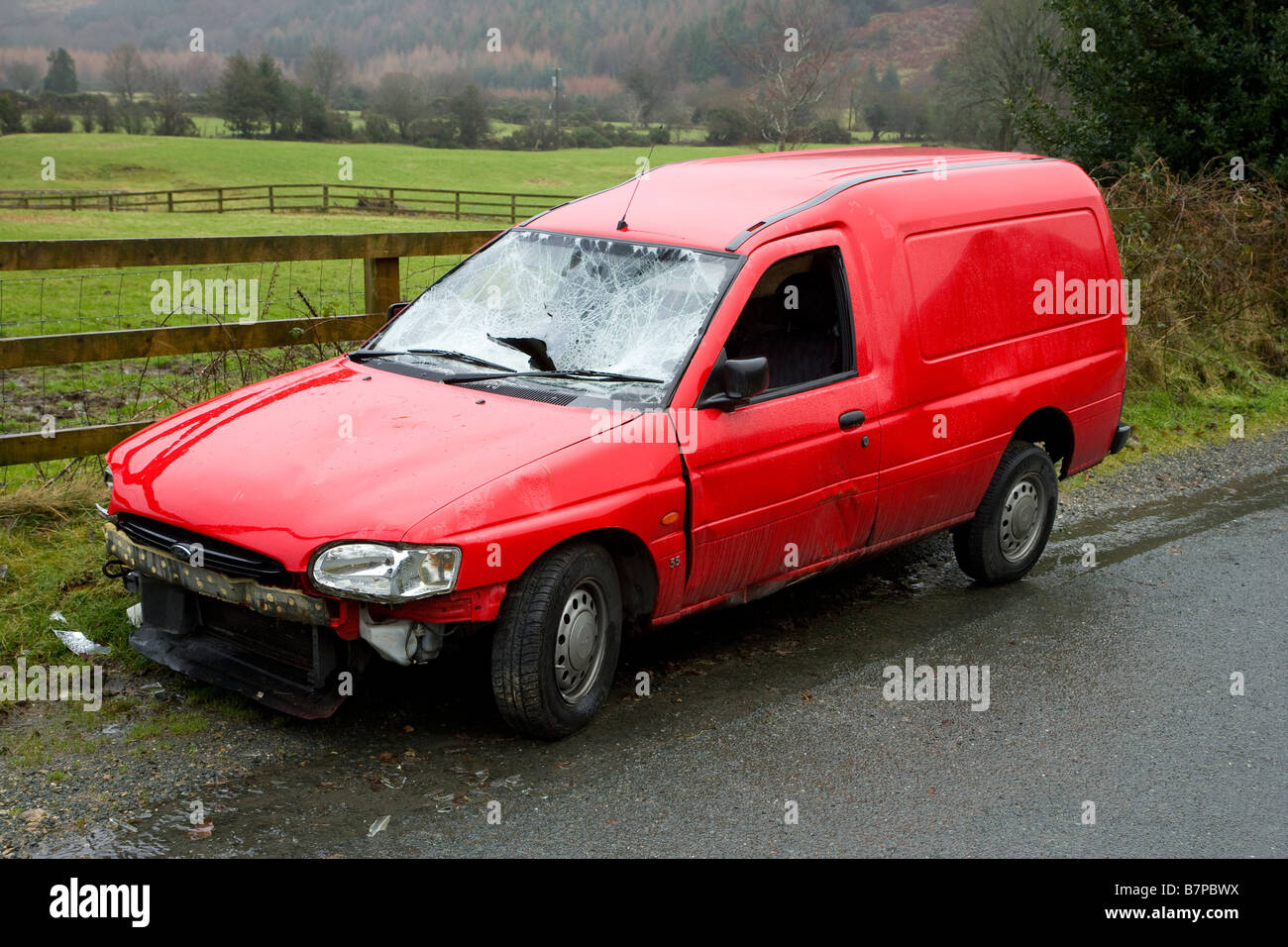 van with smashed windscreen Stock Photo