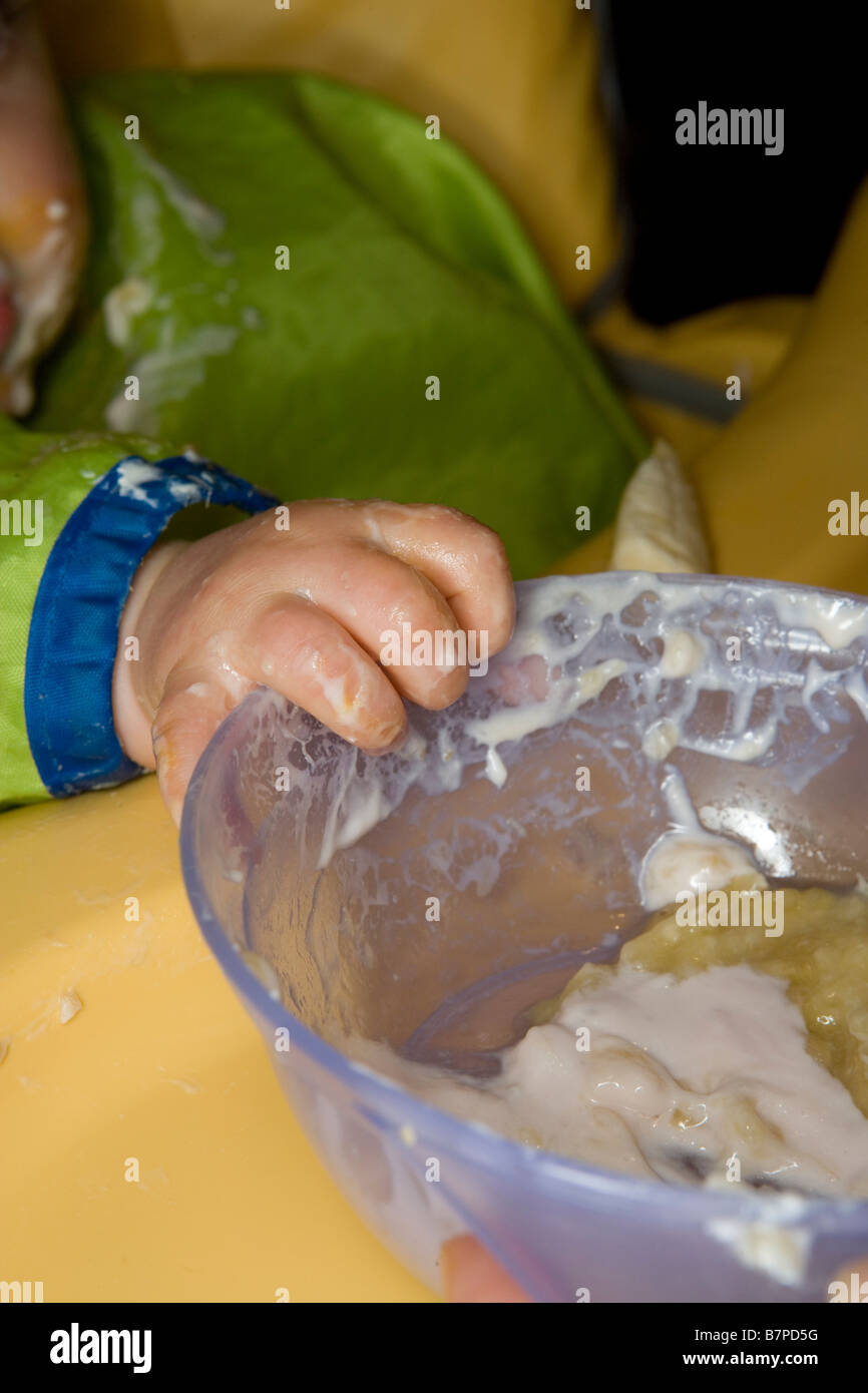 A baby grabs hold of her feeding bowl Stock Photo Alamy
