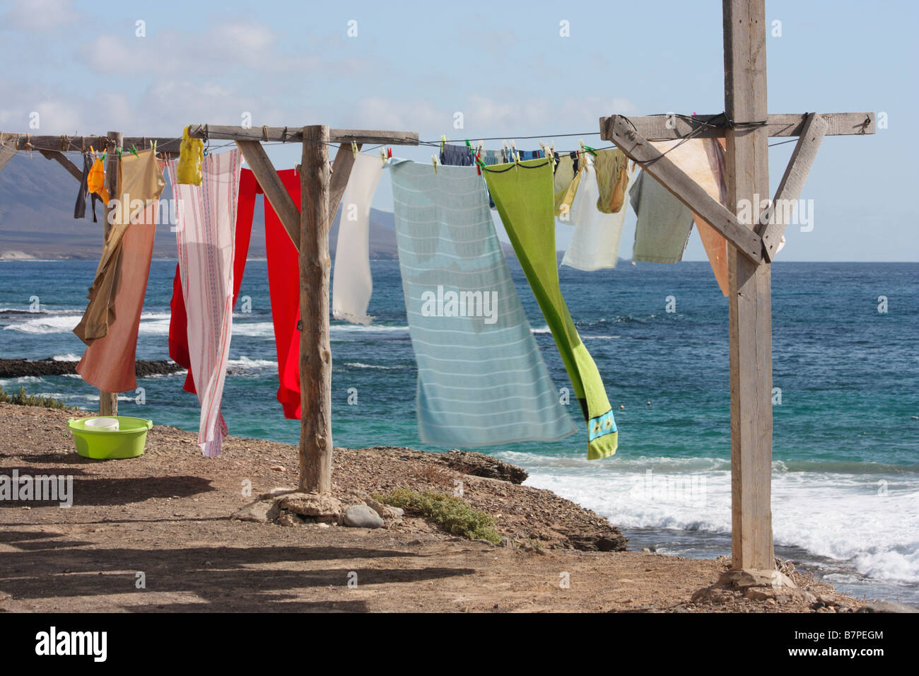 Washing on line on Fuerteventura island in the canary islands Spain Stock Photo
