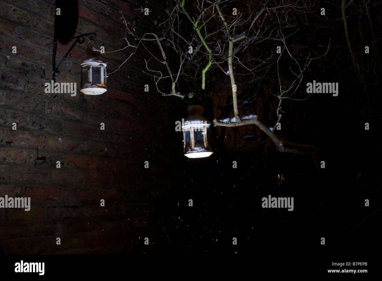 Two lamps haning from a tree during a snowy night Stock Photo