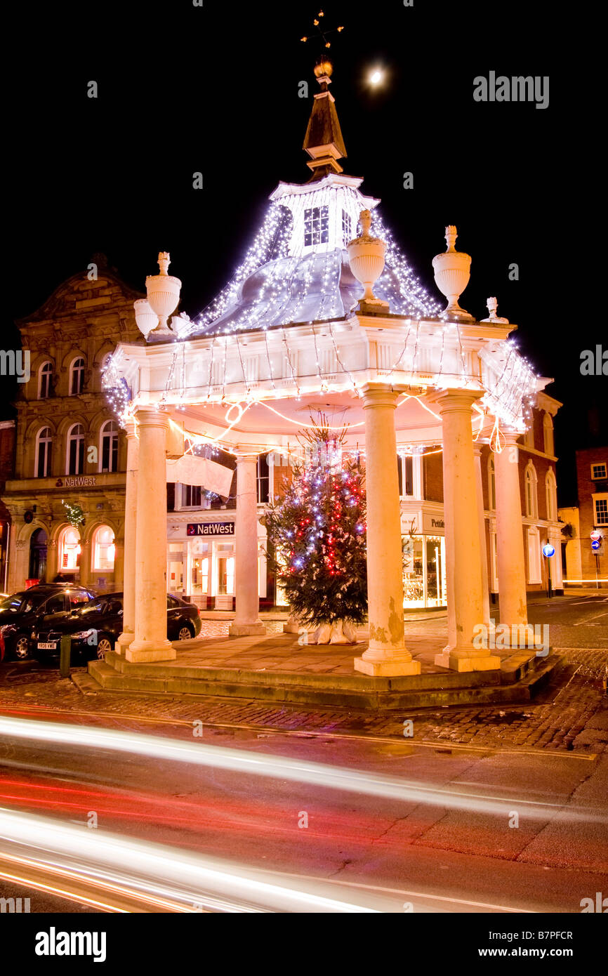 The Market Cross in Beverley, East Yorkshire, lit by Christmas lights