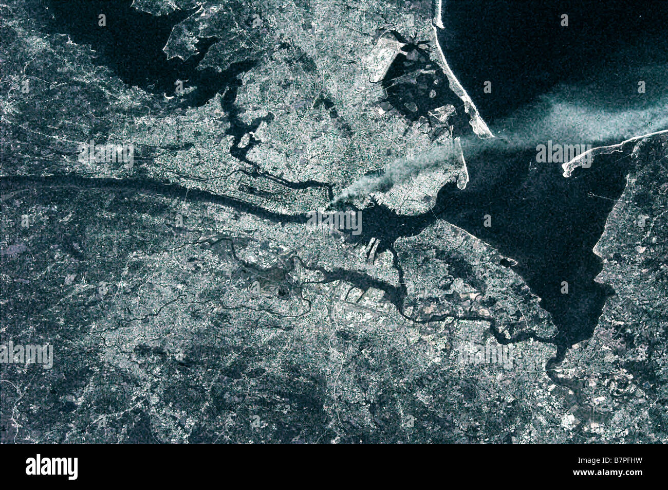 satellite photo of smoke rising from World Trade Center September 11, 2001 Stock Photo