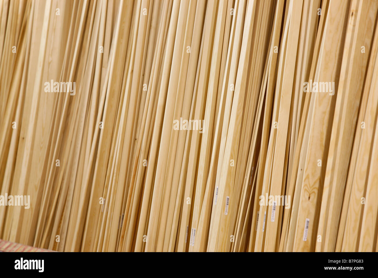 shelf of wooden slats in a DIY store; do it yourself store Stock Photo