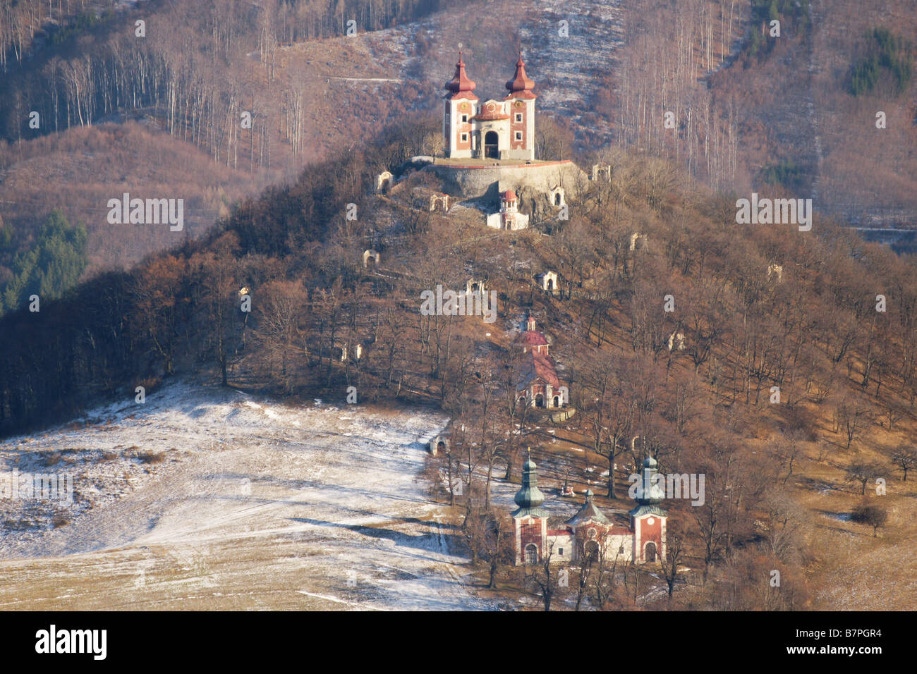 Kalvaria Chivalry christian pilgrimage site church on top of hill above Banska Stiavnica UNESCO heritage Slovakia winter Stock Photo