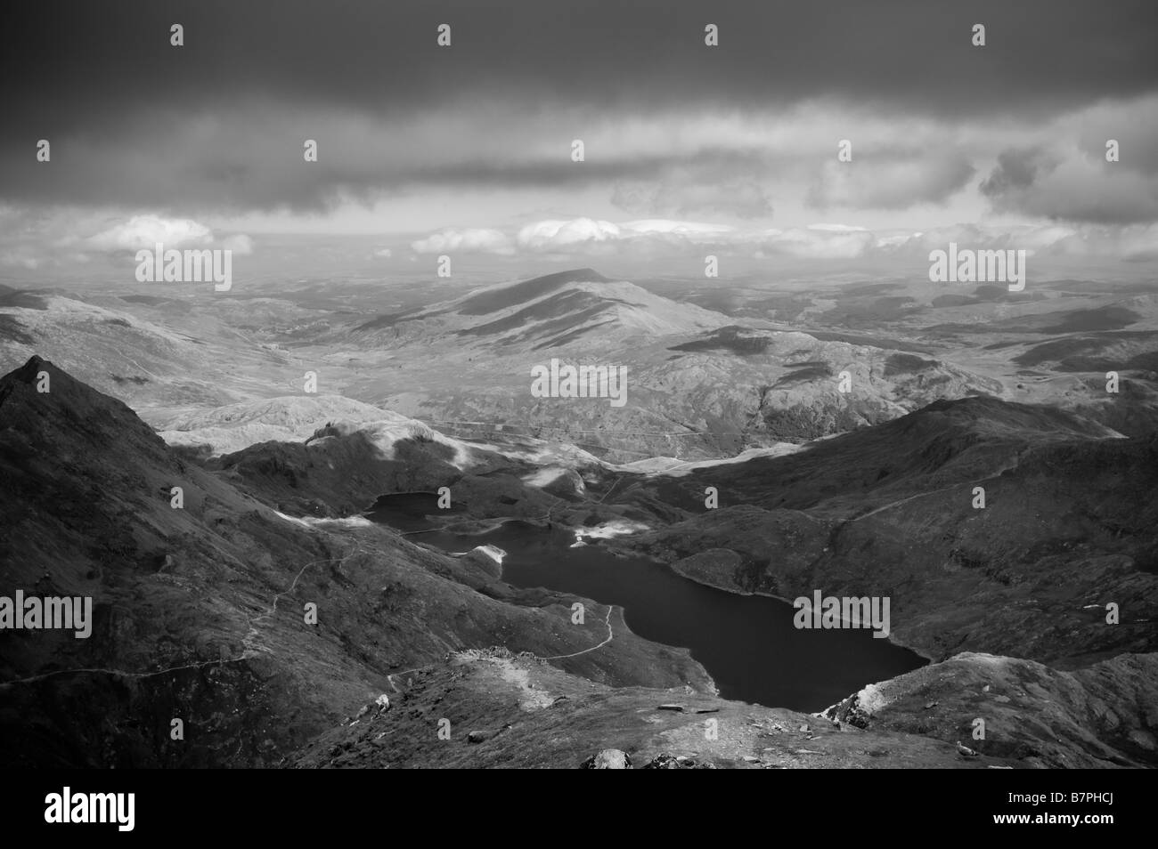 Llyn Llydaw Reservoir view from summit of mount Snowdon Wales Stock Photo