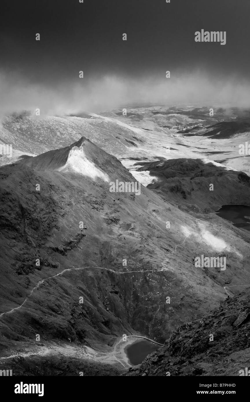 Crib Goch summit from peak of mount Snowdon Stock Photo