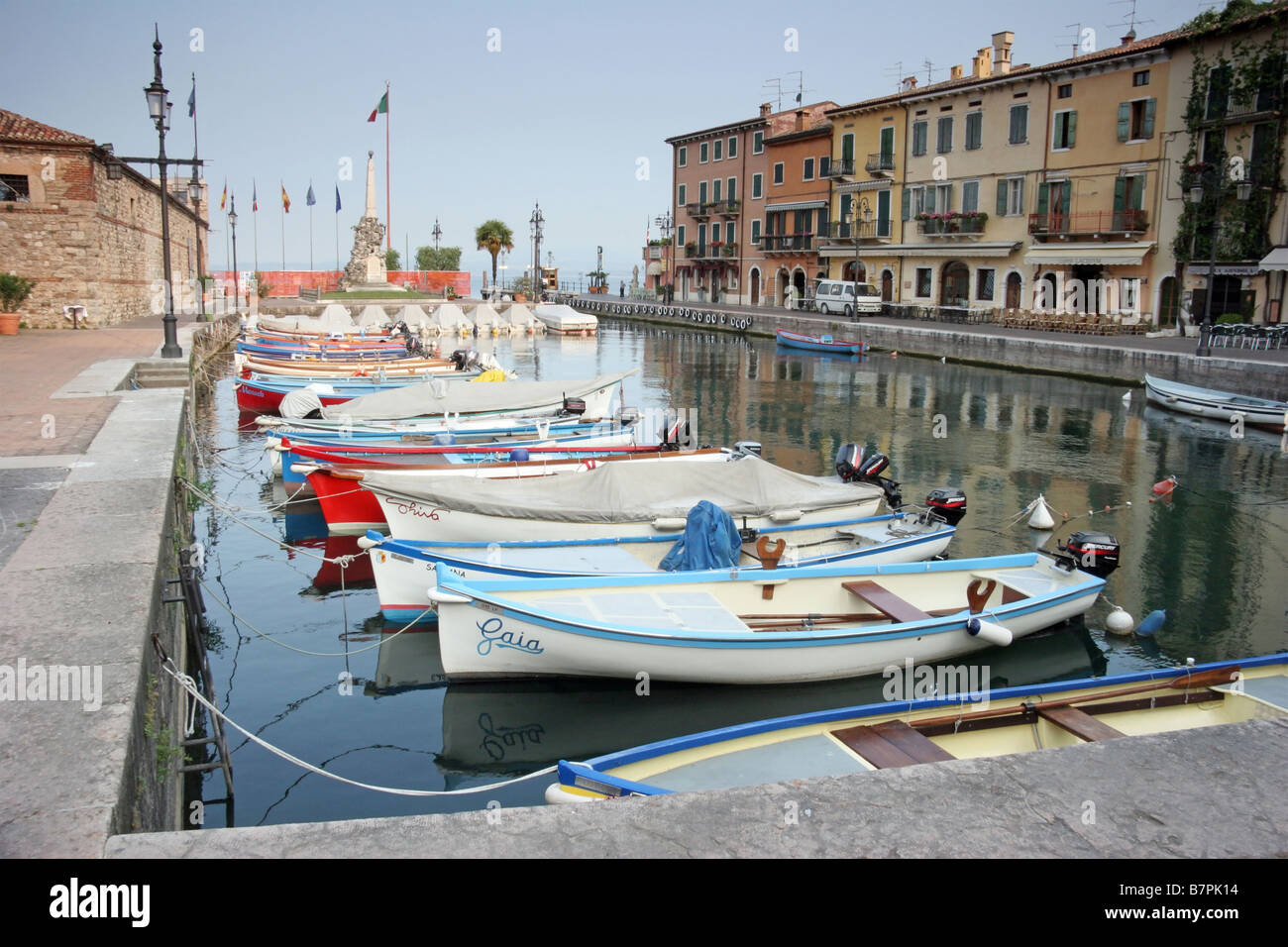 Early morning by the harbour in Lazise Stock Photo