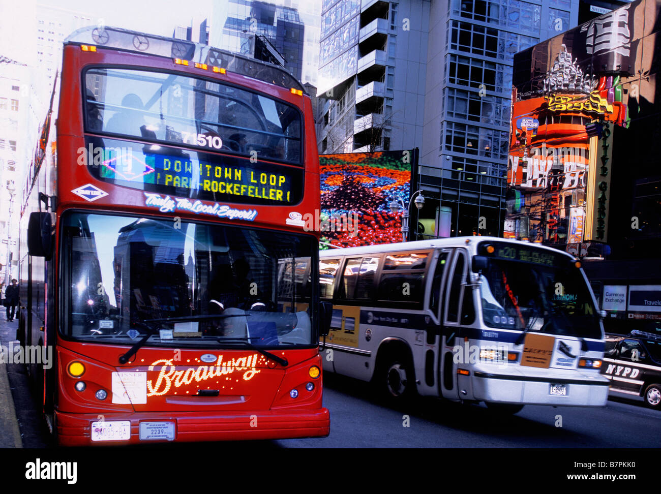USA New York City Broadway and Times Square Red Double Decker Tour Bus