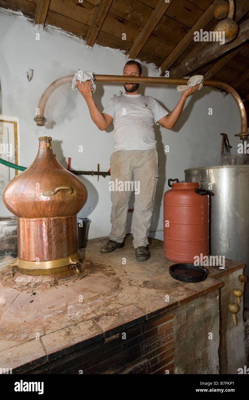 Souma (Tsipouro) destillation in Greece Stock Photo