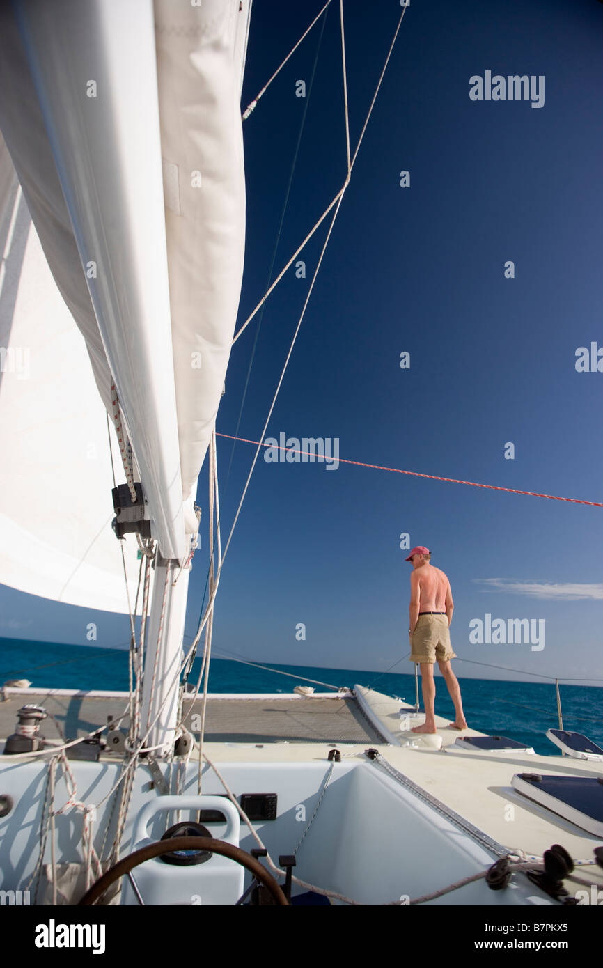 Sailing catamaran in the out islands of the Exumas Bahamas Stock Photo Alamy