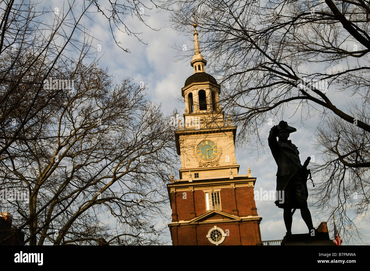 Old and beautiful buildings in Philadelphia's historical part. Statue