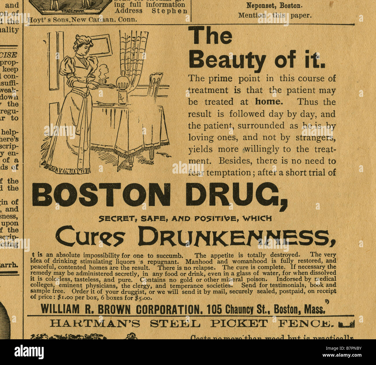 1893 antique newspaper advertisement for Boston Drug which cures drunkenness by William R. Brown Corp. of Boston, Massachusetts. Stock Photo