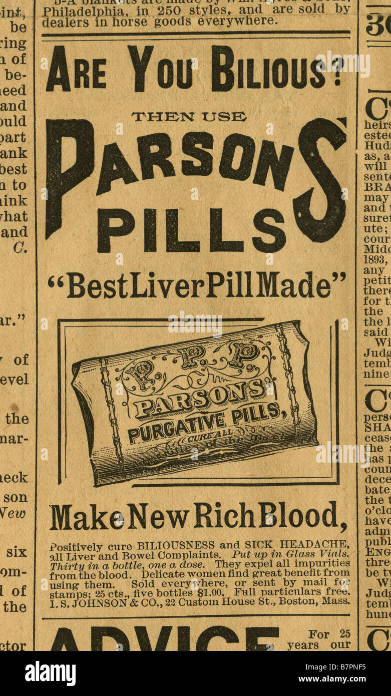 1893 antique newspaper advertisement for Parsons' Purgative Pills. Stock Photo