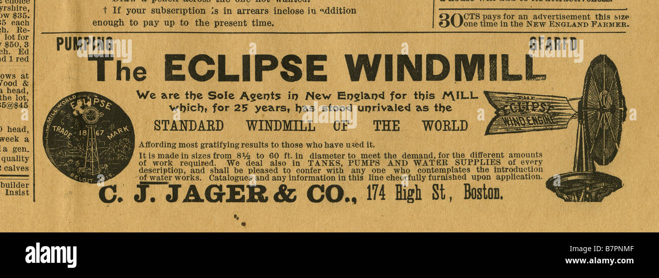 1893 antique newspaper advertisement for The Eclipse Windmill sales at C J Jager Co. in Boston, Massachusetts. Stock Photo