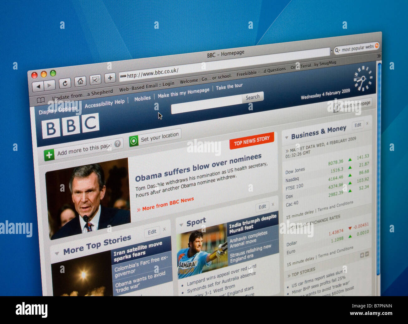 BBC website homepage displayed on computer screen. Stock Photo