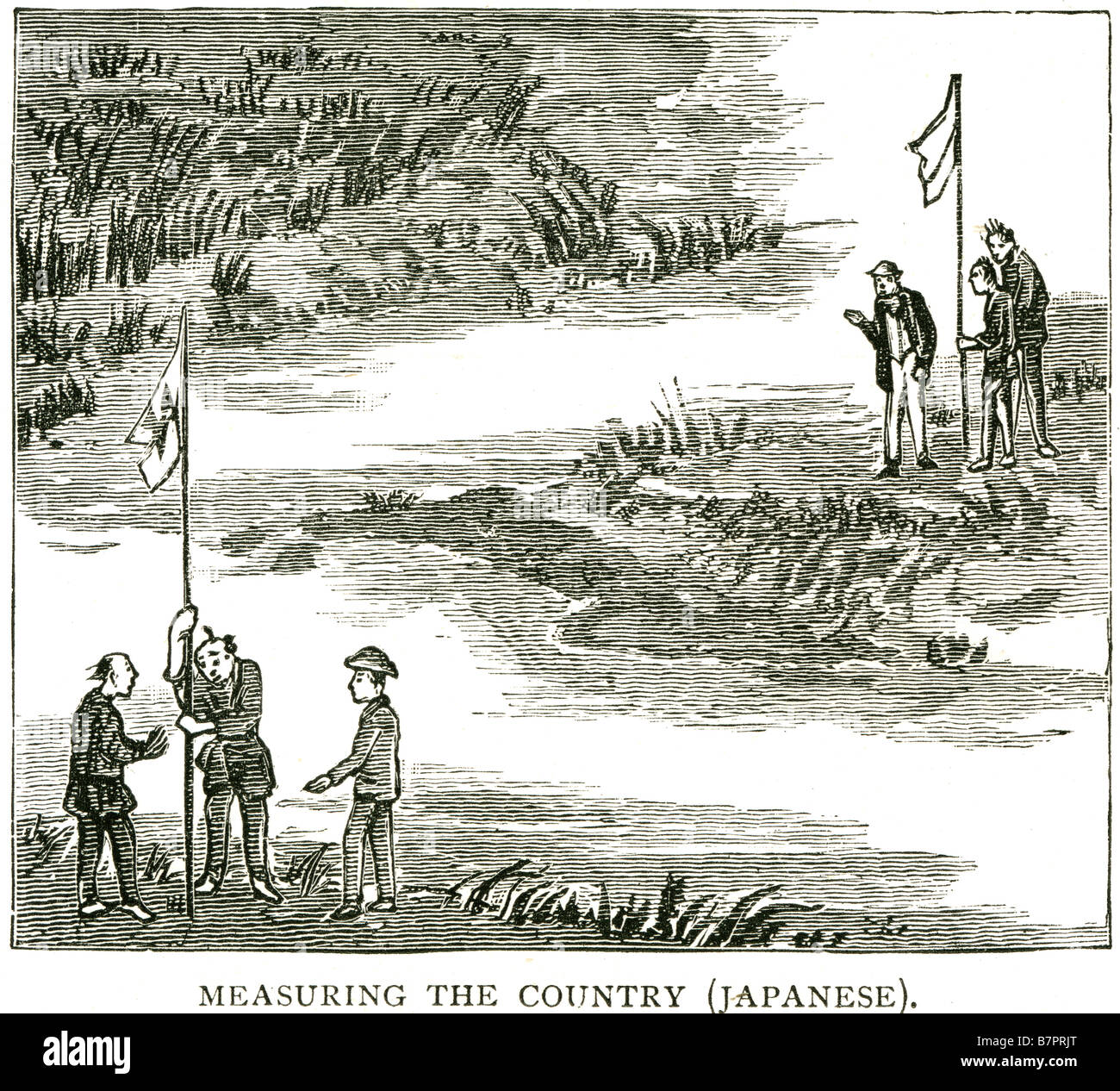 Measuring country surveying map making landscape Japanese Japan men river shore banks stream land Stock Photo