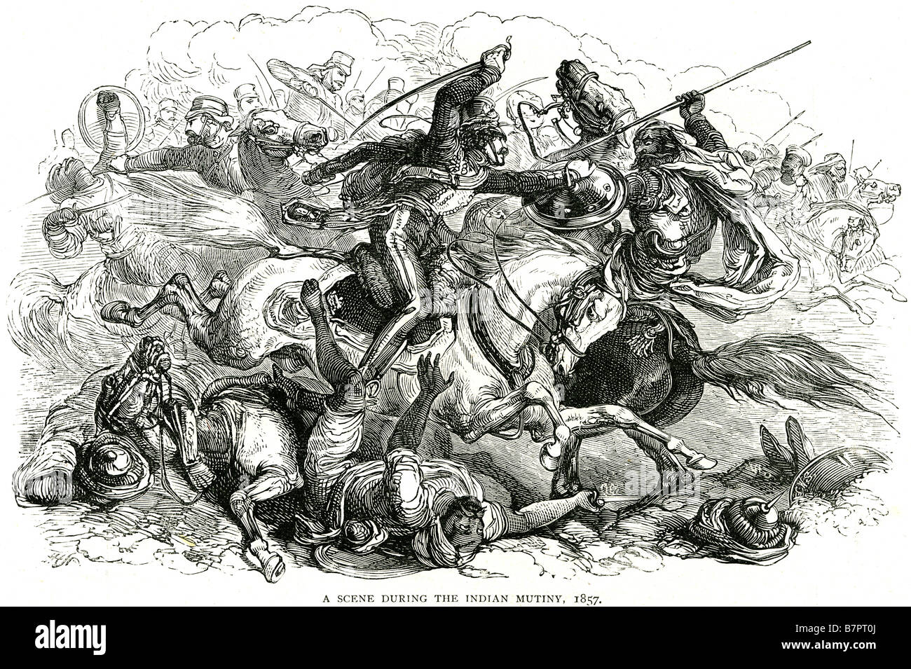 Scene during Indian Mutiny 1857 British East India Company Solider fighting battle war attack death siege fight Stock Photo