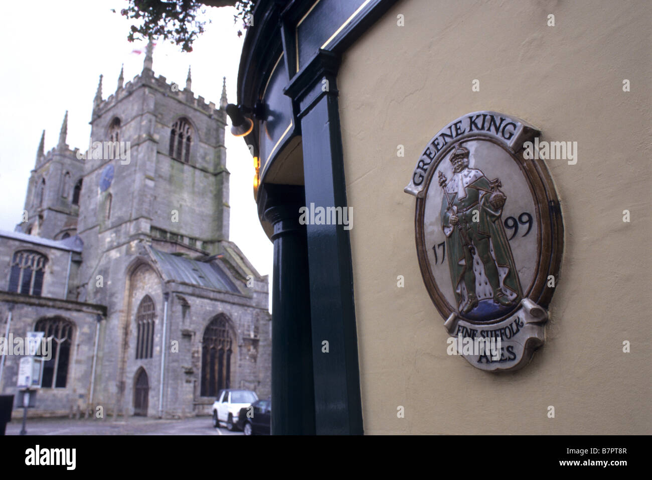Cathedral & pub sign, UK Stock Photo