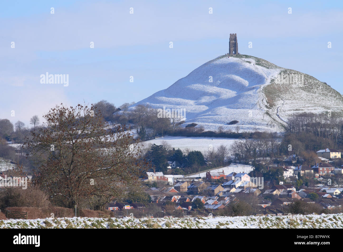 Glastonbury Tor Somerset England with snow in winter ancient landmark