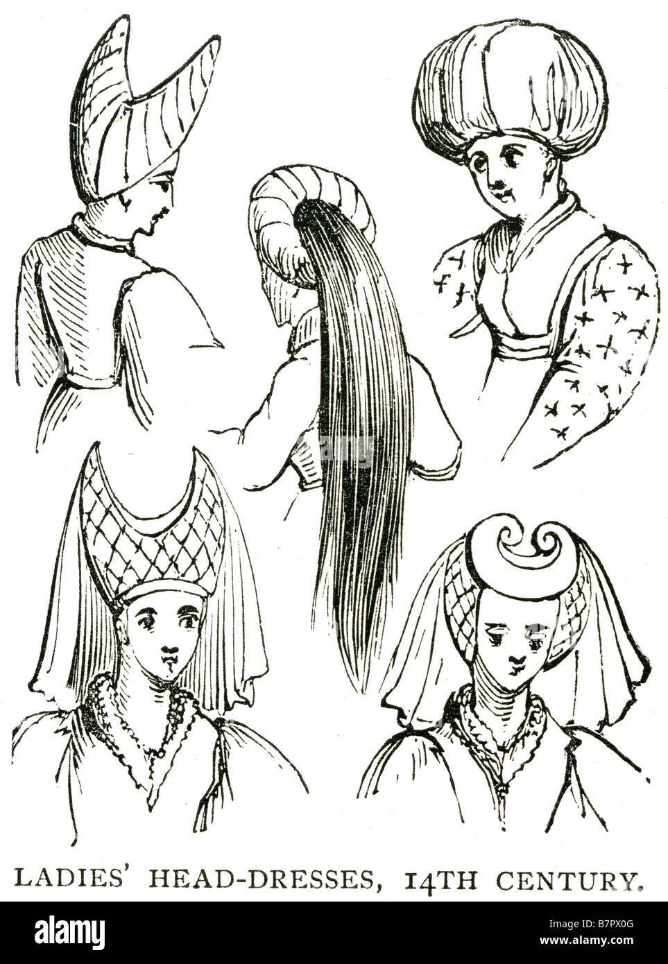 ladies head dresses 14th century traditional head women classic garments clothing hair hat hats gear formal Stock Photo