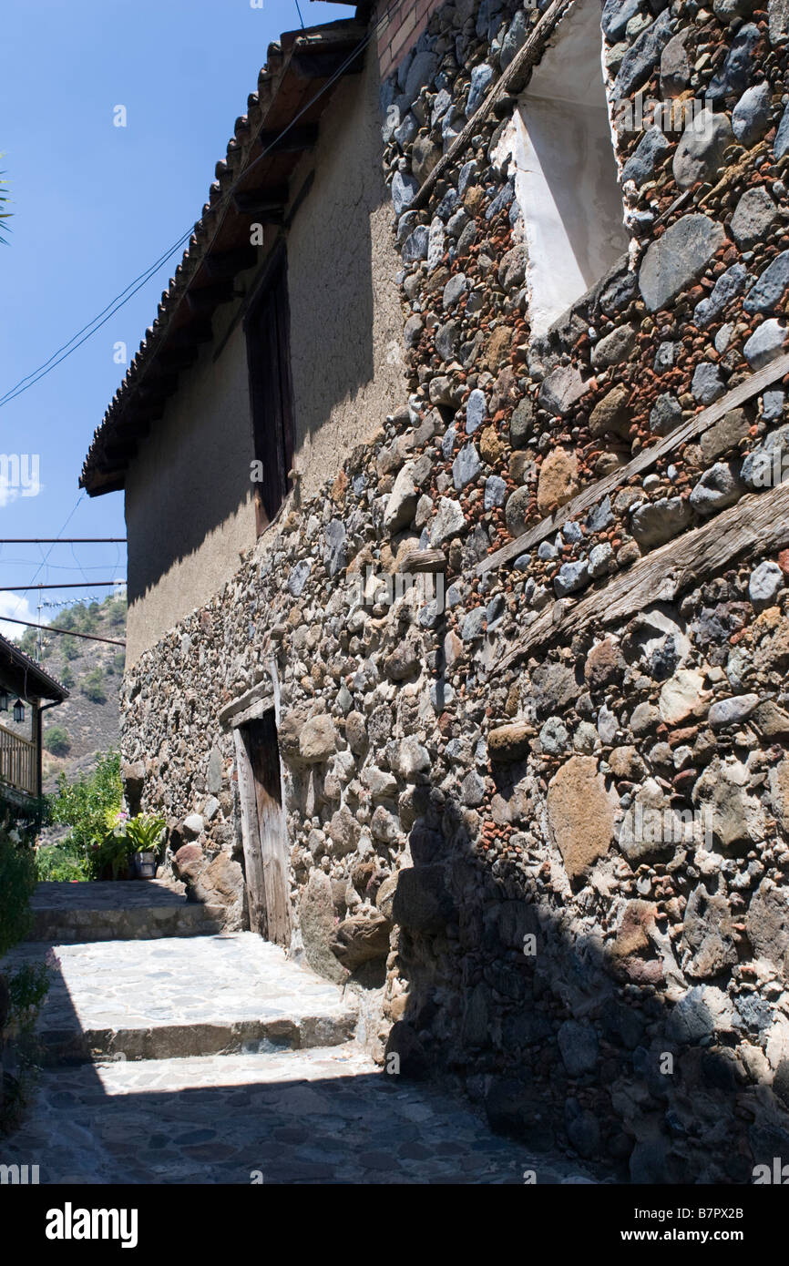 Kakopetria village view scene with coloured stone house wall in Troodos