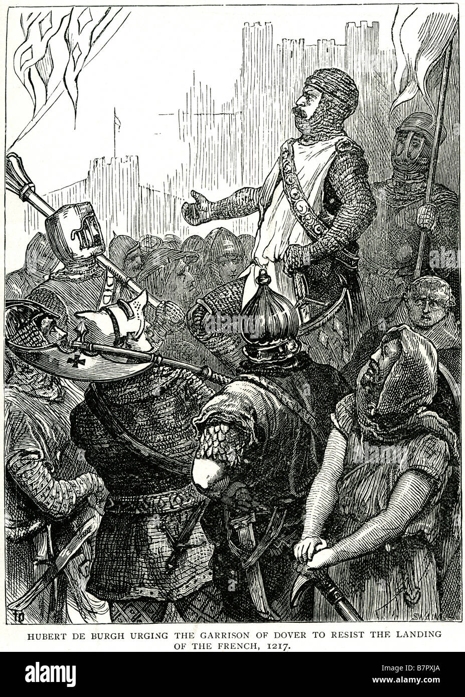 Hubert Burgh Urging Garrison Dover resist landing French 1217 soldiers war invasion speak crowd Stock Photo