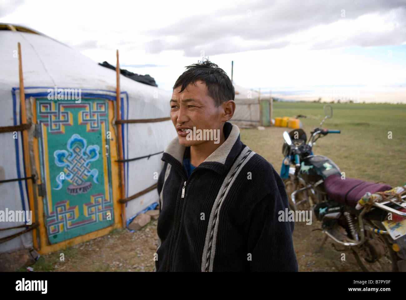 Myagmarjav a Mongolian nomad outside his ger in the Gobi Desert ...