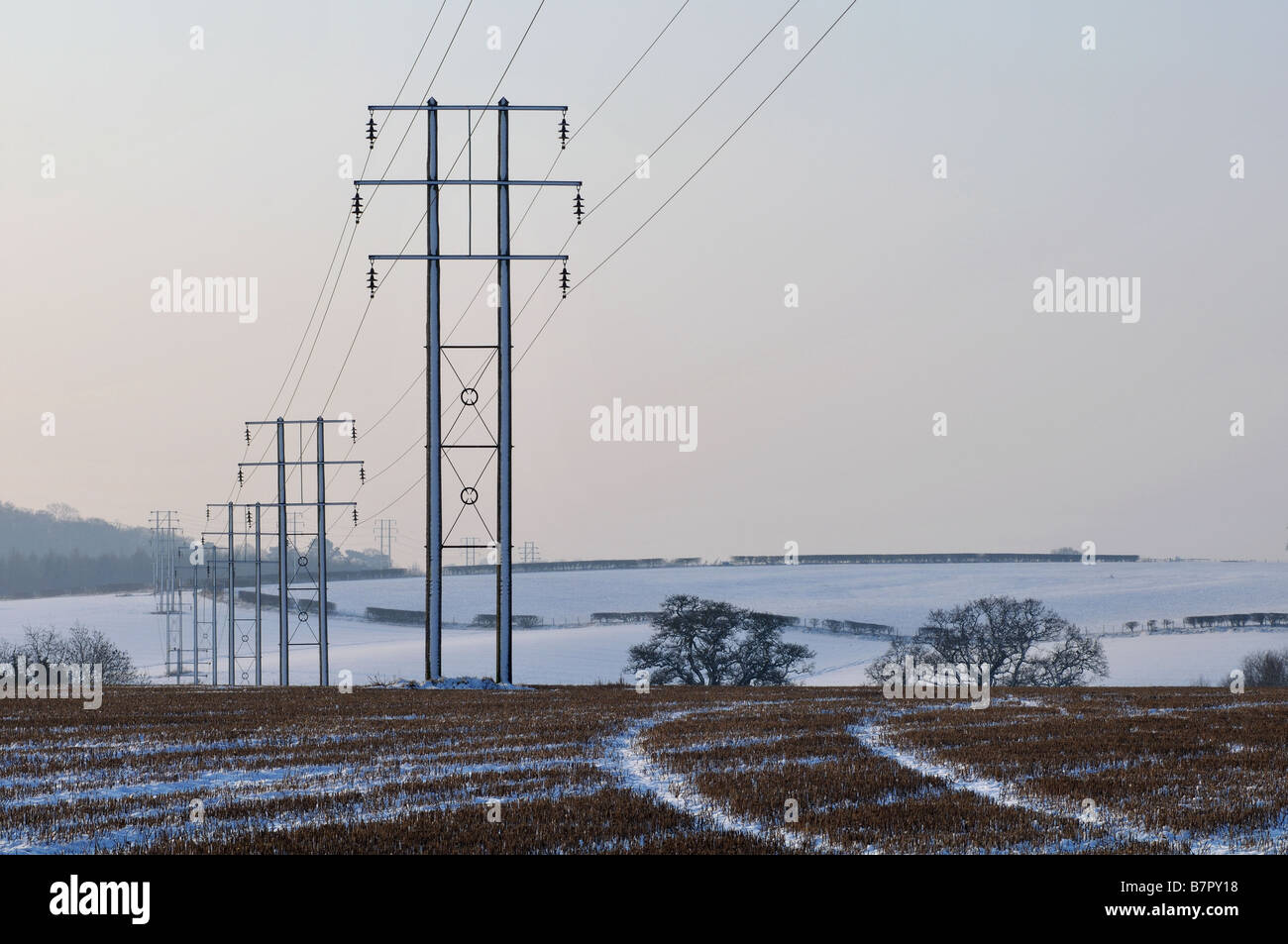 Power lines crossing farmland in winter, UK Stock Photo