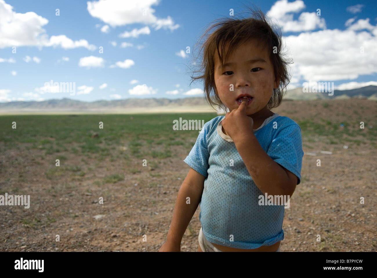 A nomad community camped on the outskirts of a remote village Bogd in the Gobi Desert Mongolia Stock Photo