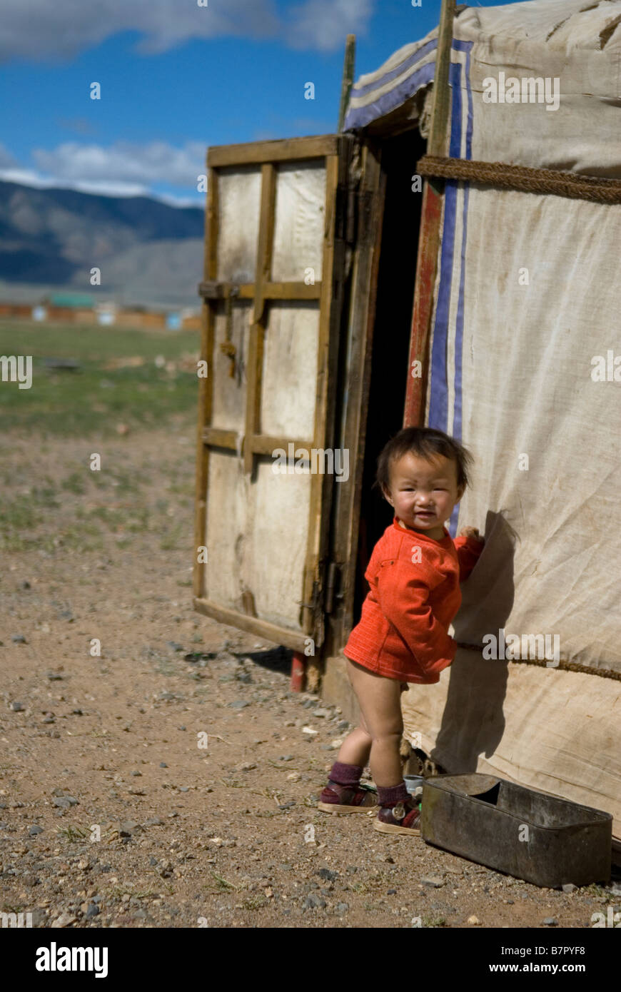 A nomad community camped on the outskirts of a remote village Bogd in the Gobi Desert Mongolia Stock Photo