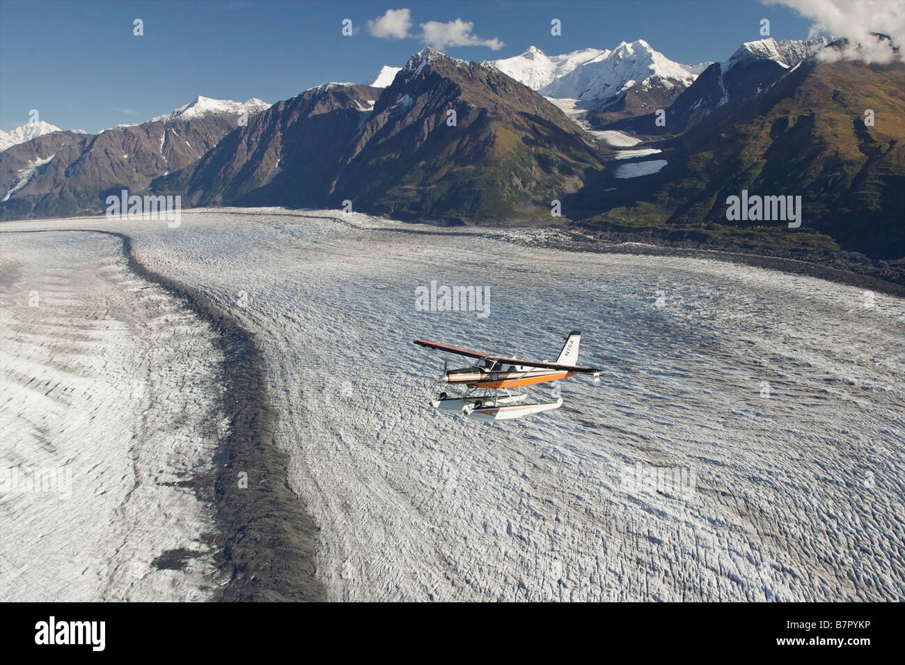 Turbo Beaver flightseeing over Knik Glacier during Summer in Southcentral Alaska Stock Photo