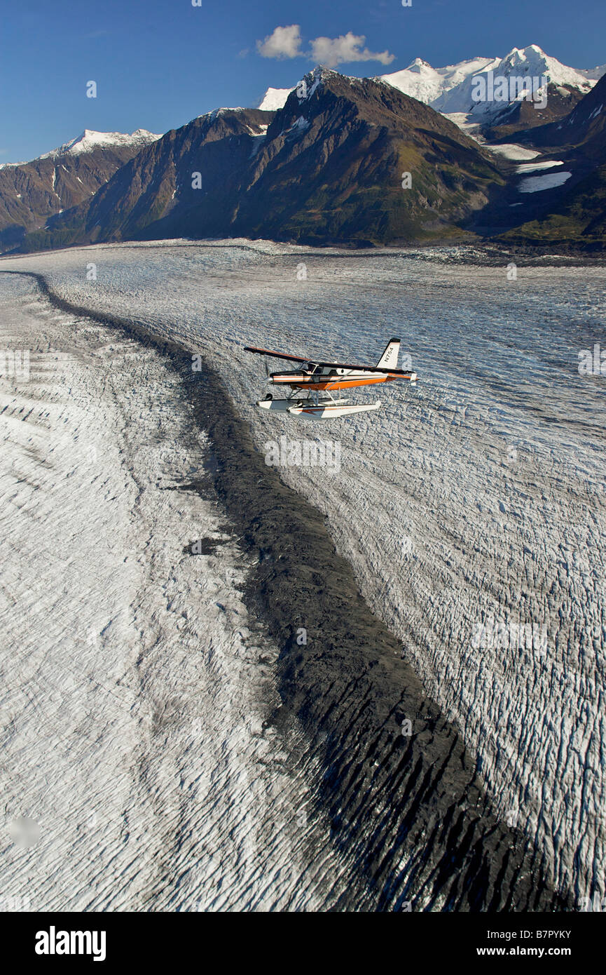 Turbo Beaver flightseeing over Knik Glacier during Summer in Southcentral Alaska Stock Photo