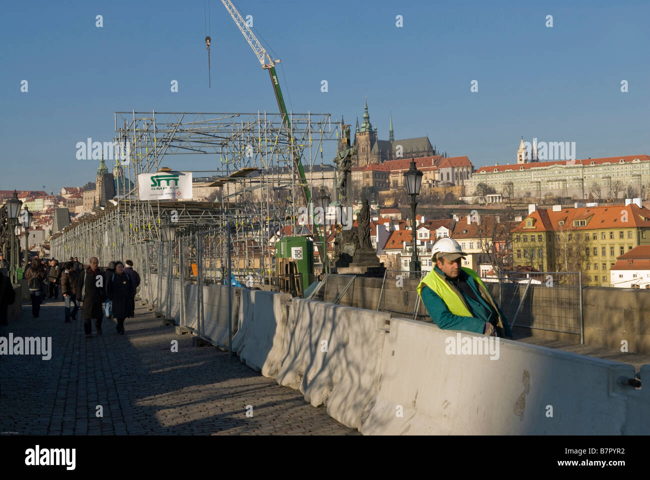 Charles Bridge under is renovation, Prague, Czech republic. Stock Photo