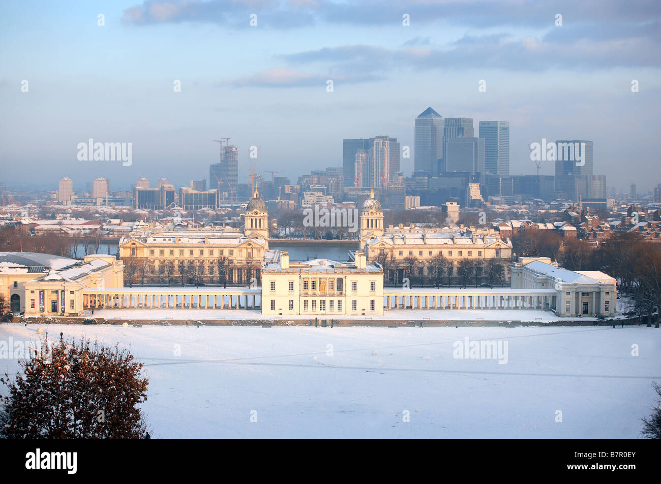 Landscape view of Greenwich and Docklands area of London, UK Stock Photo