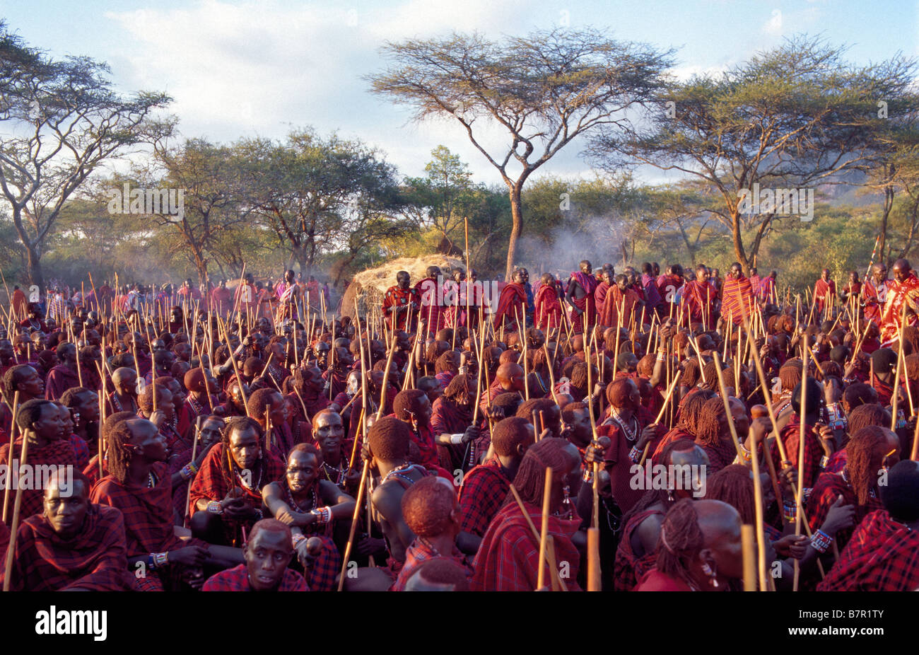 Africa, Kenya, Kajiado District, Ol doinyo Orok. A large gathering of Maasai warriors during an Eunoto ceremony Stock Photo