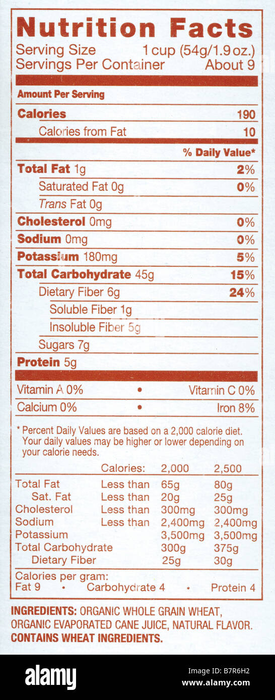 Nutrition Facts label from a box of Autumn Wheat cereal made by Kashi. Stock Photo