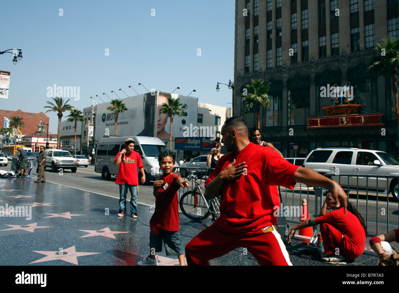 Hiphop breakdancers troupe on Hollywood Walk of Fame with child participant. Stock Photo