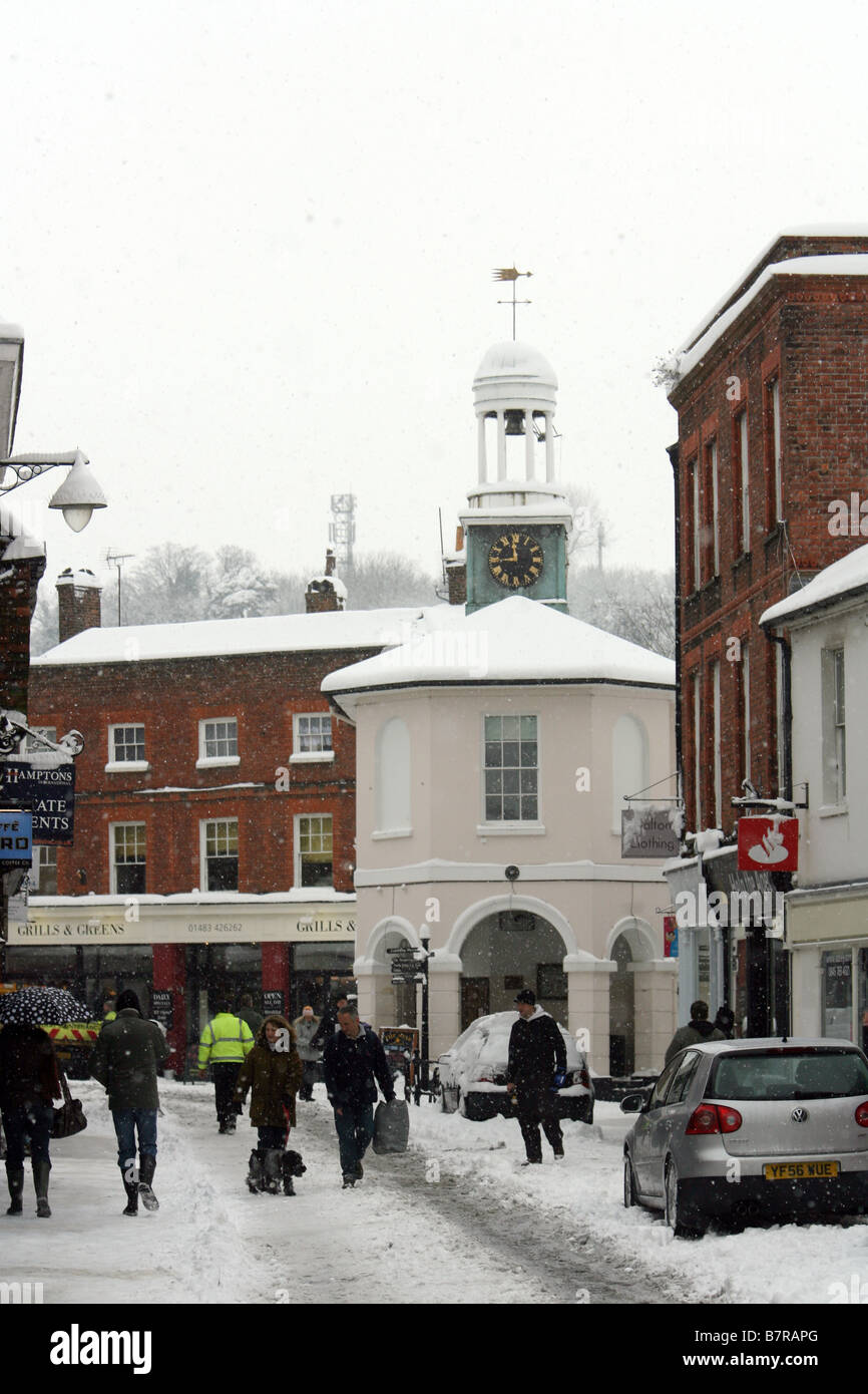 Snow covers The Pepperpot in the High Street, Godalming, England Stock