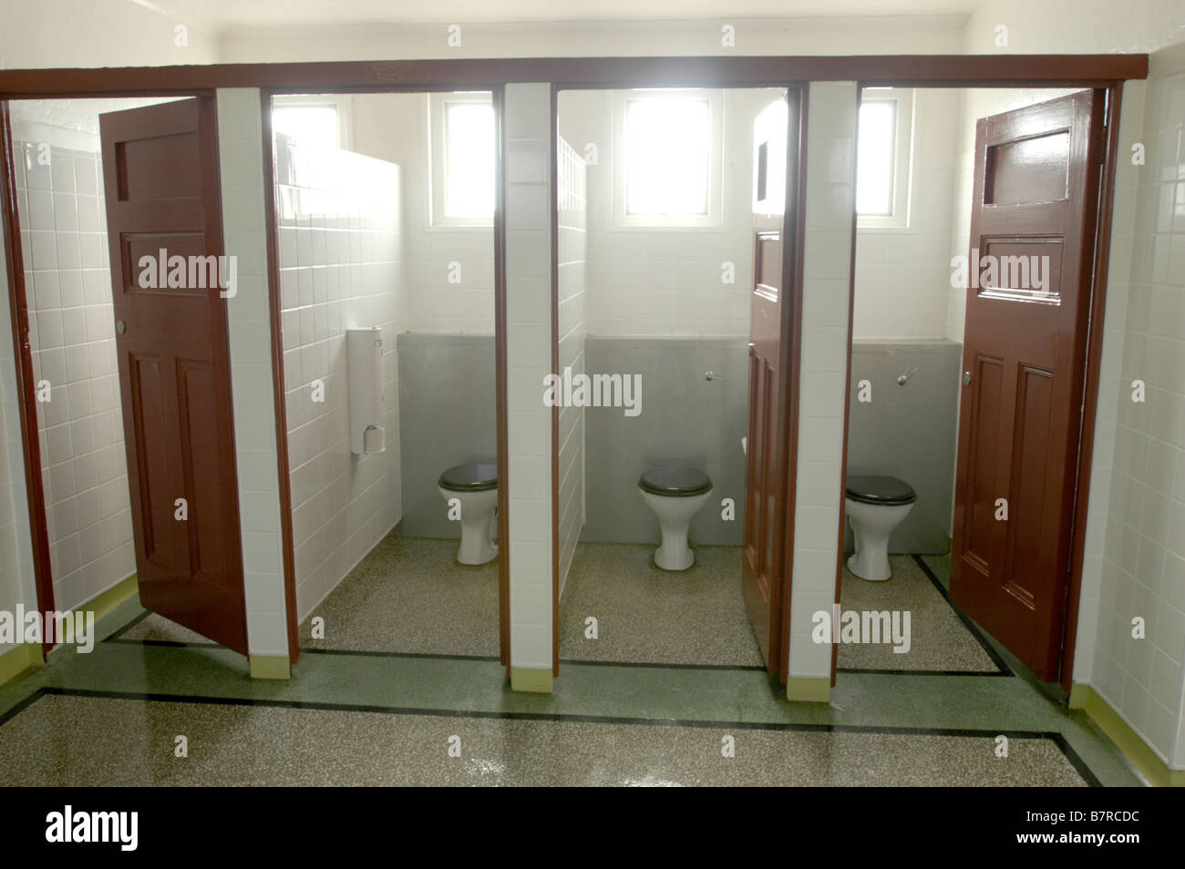 Public Toilets  with doors open. Stock Photo