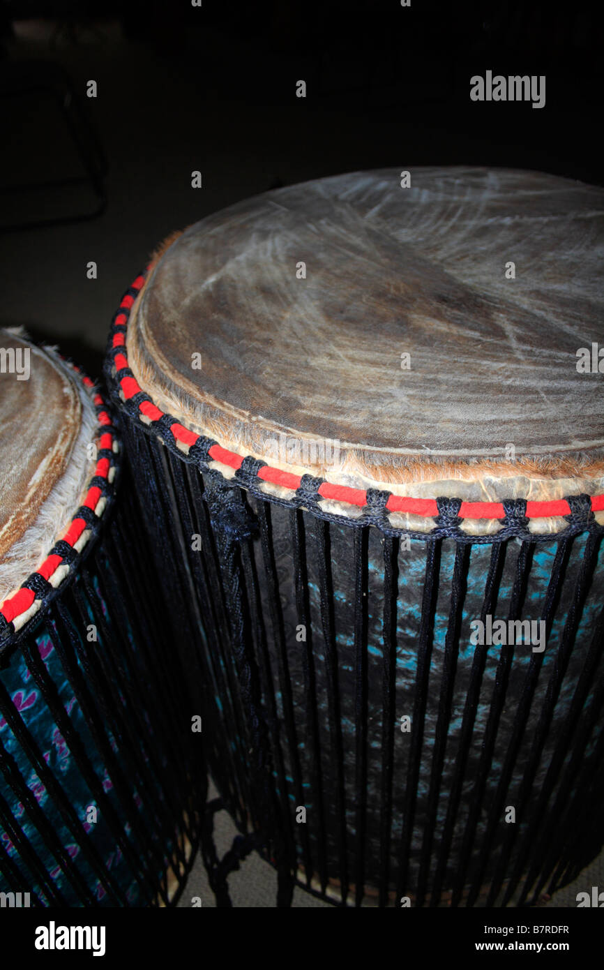 Djembe hand drums with new skins, handmade Stock Photo Alamy