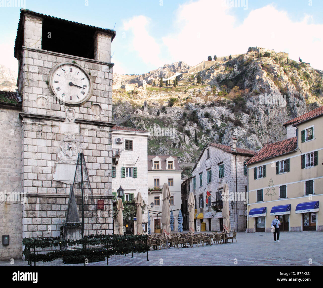 Monte Negro Boka Kotorska Main square in town of Kotor with Clock Tower