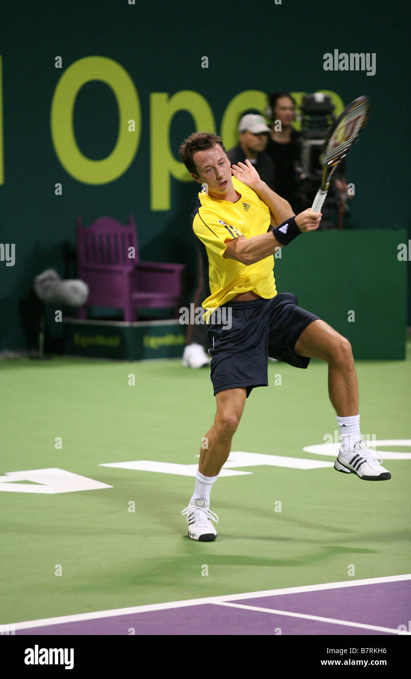 Philipp Kohlschreiber in action against Roger Federer Qatar Open 2009 Stock Photo