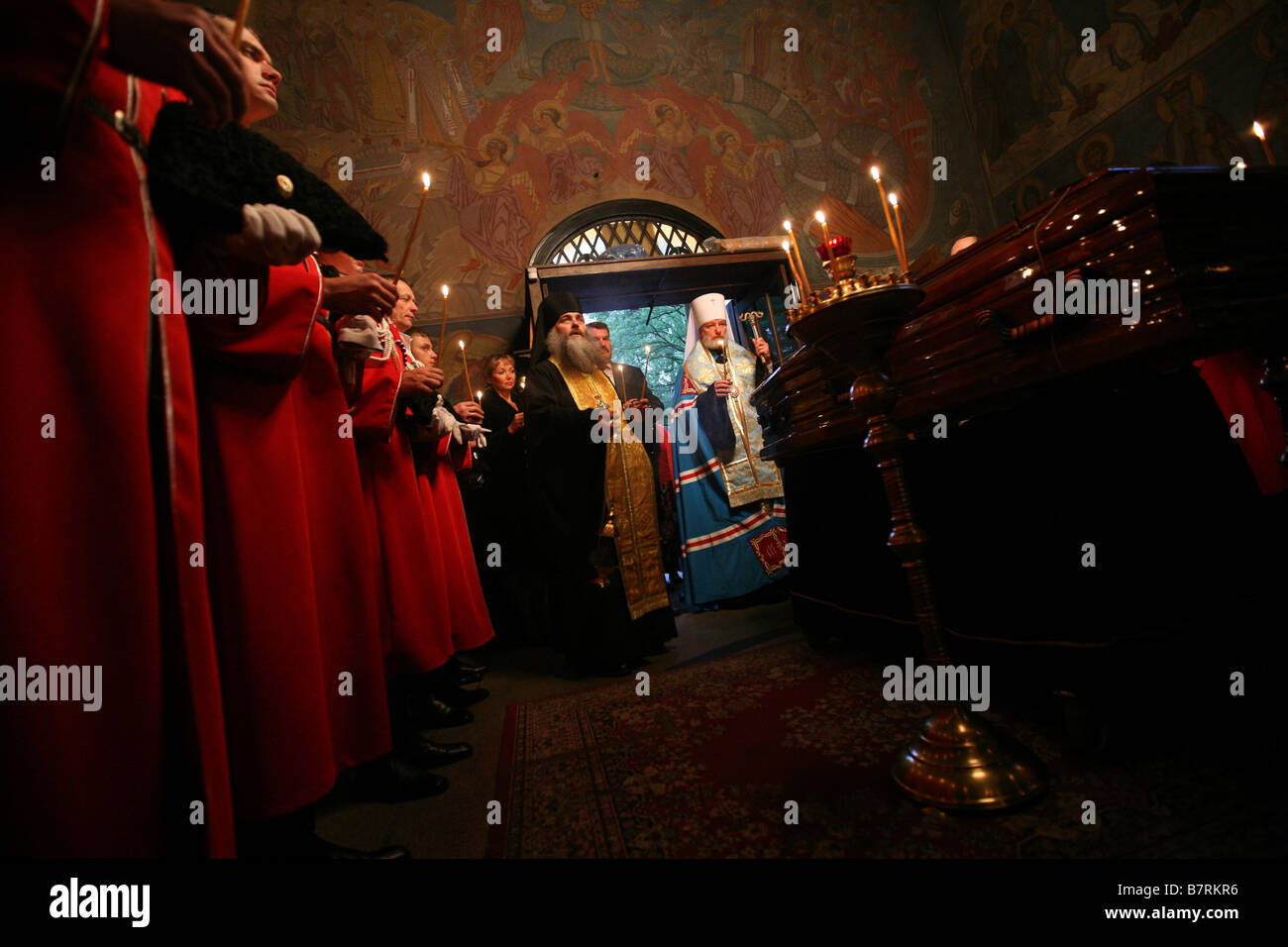 Kuban Cossacks attend an orthodox memorial service to Russian historian Fyodor Sherbina in Prague, Czech Republic. Stock Photo