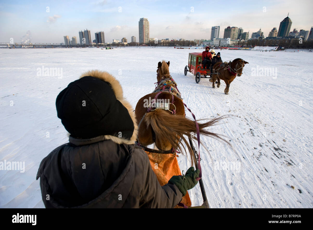 Horse drawn carriages carry people and tourists across frozen Songhua River in Harbin northern China during winter 2009 Stock Photo