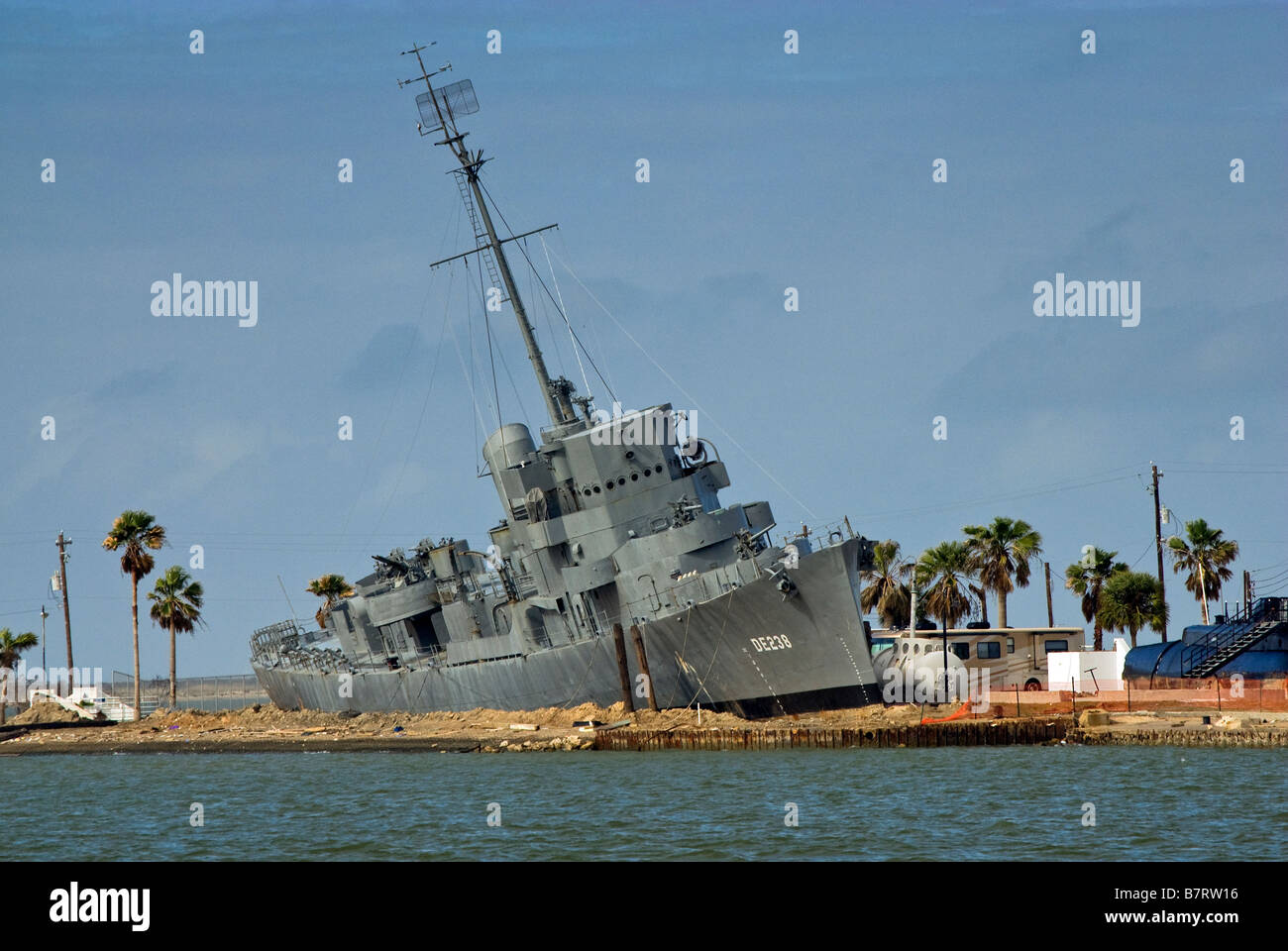USS Stewart destroyer museum display ship damaged by hurricane Ike in 2008 at Seawolf Park on Pelican Island in Galveston Texas Stock Photo