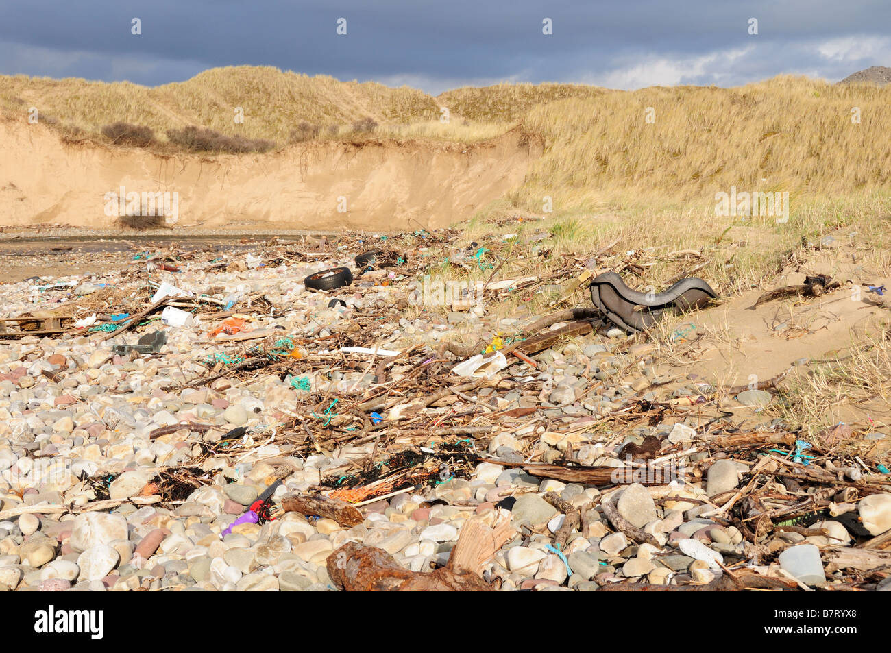 Debris washed up on Sker Beach Kenfig Nationai Nature Reserve Glamorgan Wales cymru UK GB Stock Photo